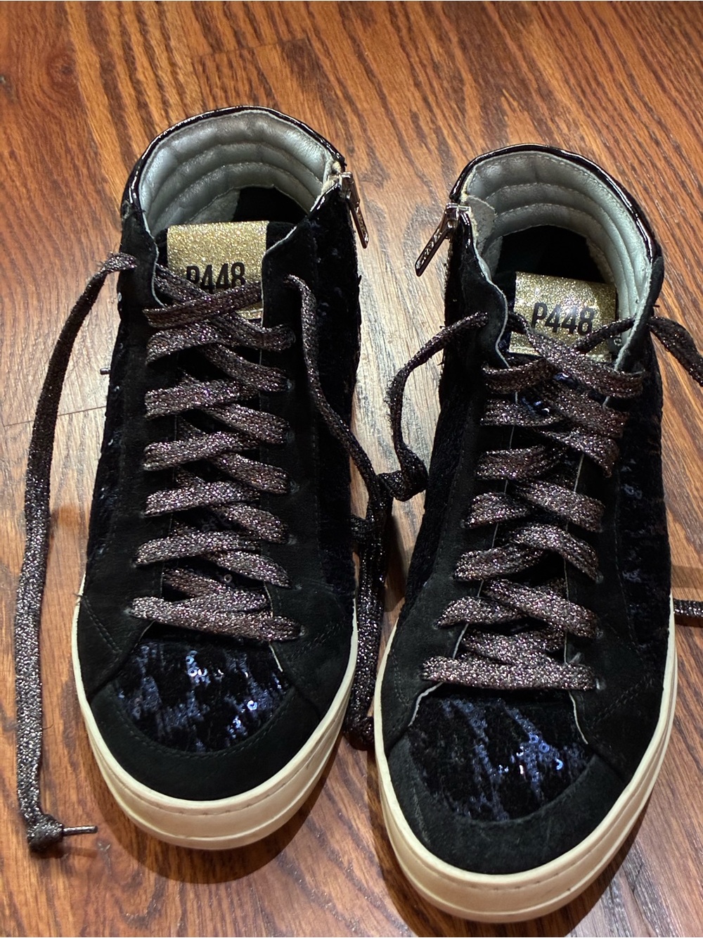 P448 Black High-Top Sneakers with Glitter Laces